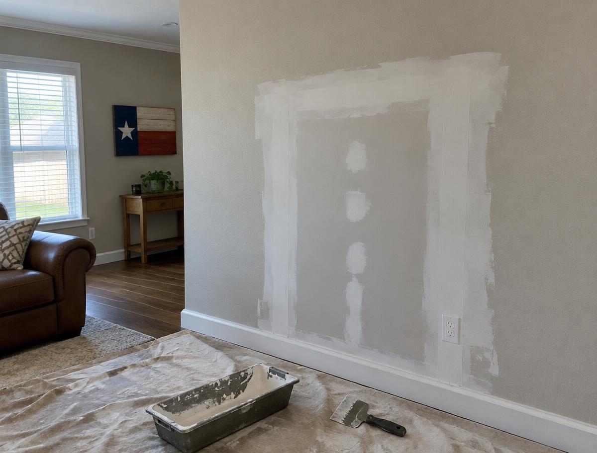 Illustrative drywall patch taped and mudded on a living room wall