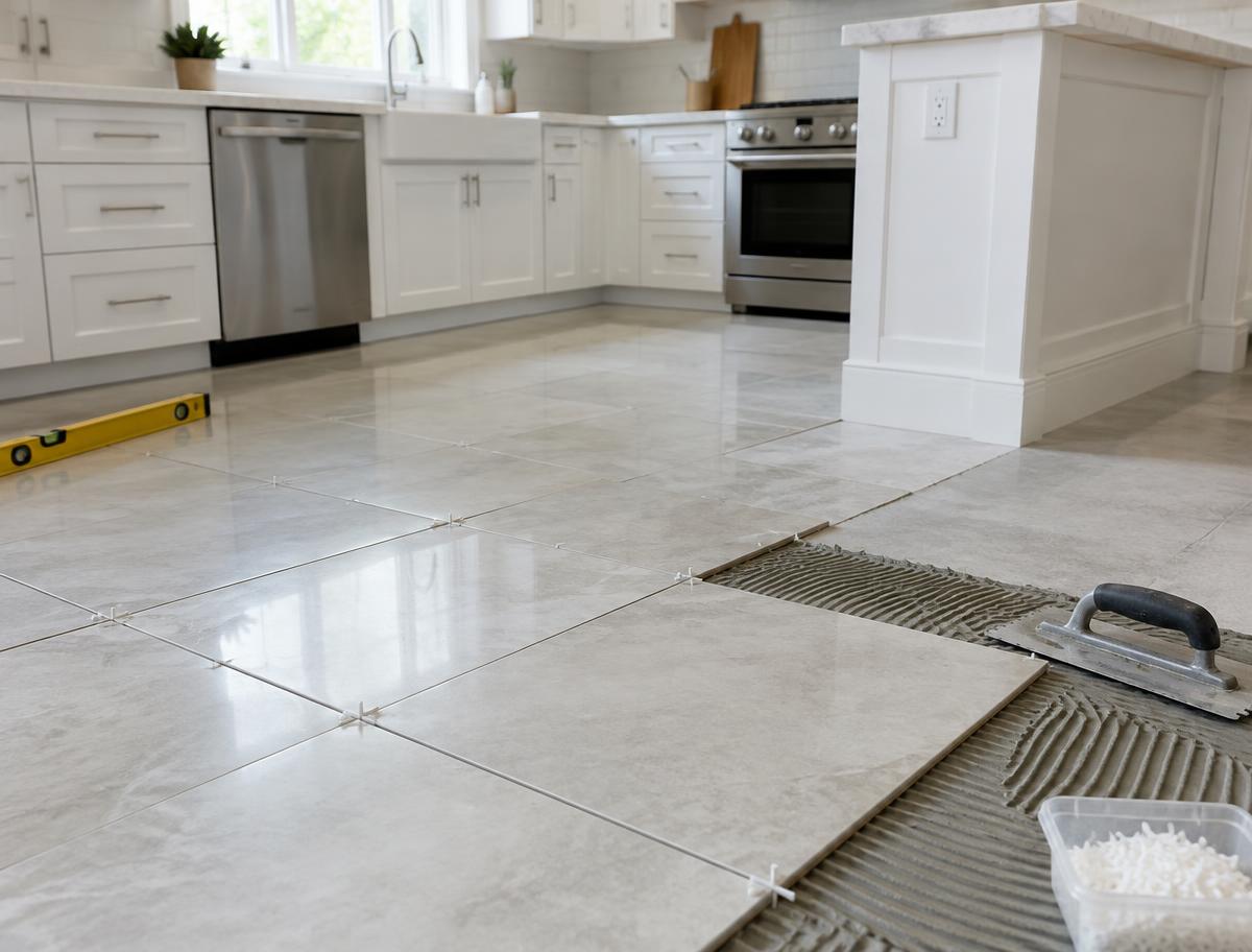 Illustrative porcelain floor tile being installed in a kitchen